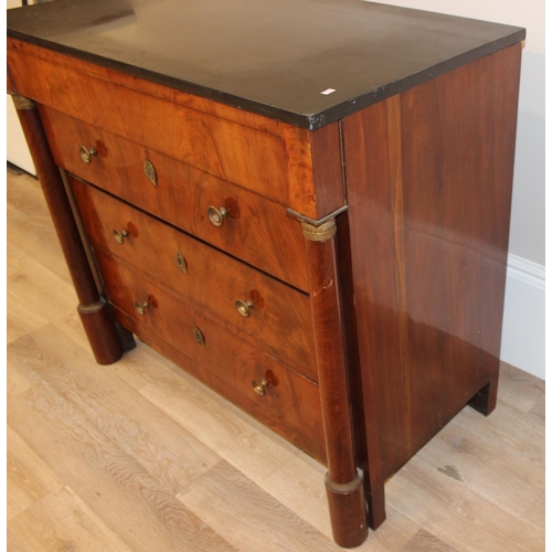 145 - A 19th century French Empire style mahogany 4 drawer chest of drawers with black marble top, gilt br... 