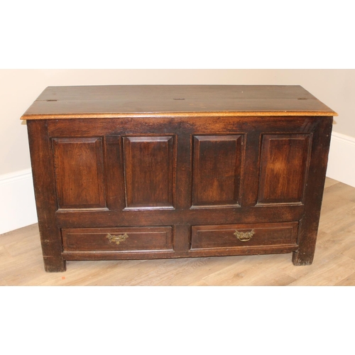 148 - An 18th century oak mule chest with panelled sides and 2 drawers to base, with later oak half foldin... 