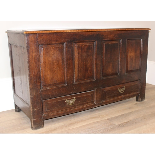 148 - An 18th century oak mule chest with panelled sides and 2 drawers to base, with later oak half foldin... 