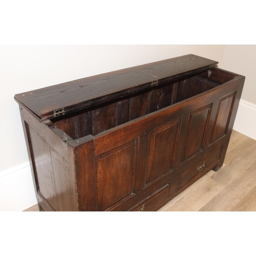 148 - An 18th century oak mule chest with panelled sides and 2 drawers to base, with later oak half foldin... 