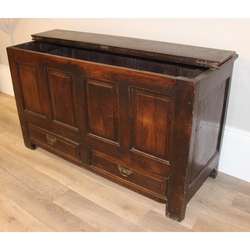 148 - An 18th century oak mule chest with panelled sides and 2 drawers to base, with later oak half foldin... 