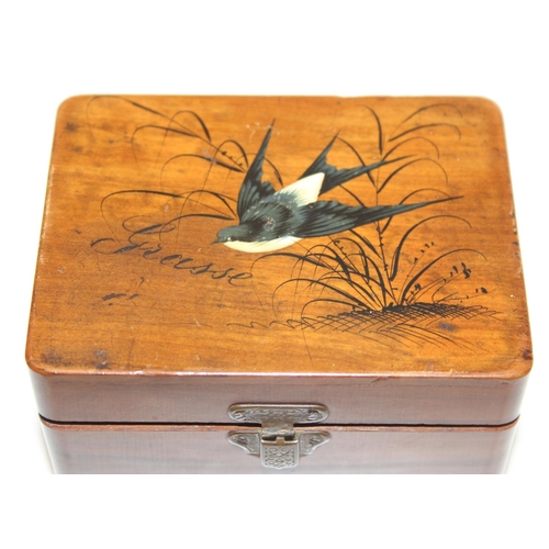 1513 - Small antique wooden box with hand-painted Swift to the lid, approx 10cm x 7cm x 8cm