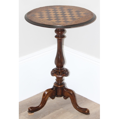 156 - Victorian mahogany chess or games table on tripod base, approx 48cm W x 72cm H