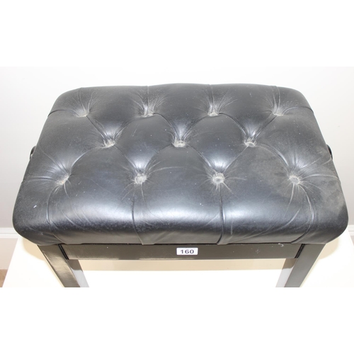 160 - Leather topped deep buttoned black piano stool with adjustable seat, approx 58cm W x 40cm D x 47cm H