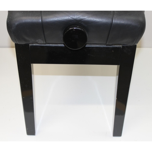 160 - Leather topped deep buttoned black piano stool with adjustable seat, approx 58cm W x 40cm D x 47cm H