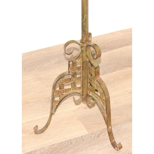 300 - Wrought iron 3 branch freestanding candleholder with leaf design, approx 130cm