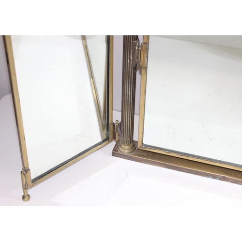 302 - Antique style brass triptych dressing table mirror, approx 56cm H