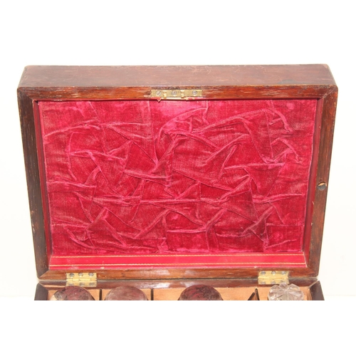 303 - Antique ladies travelling vanity case with silver plate and cut glass jars, red velvet interior appr... 