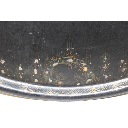 304 - Large antique black lacquered papier mache tray with mother of pearl inlay, approx 76 x 62cm