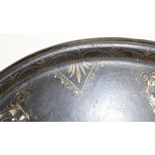 304 - Large antique black lacquered papier mache tray with mother of pearl inlay, approx 76 x 62cm