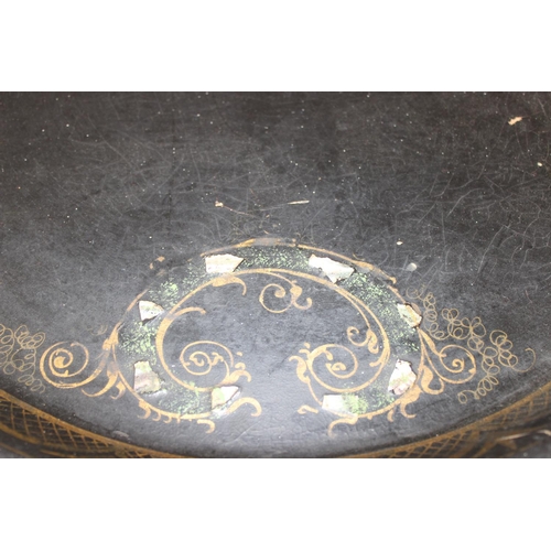 304 - Large antique black lacquered papier mache tray with mother of pearl inlay, approx 76 x 62cm