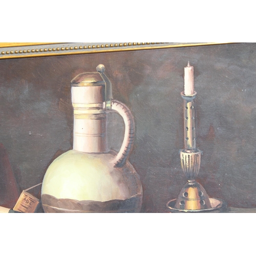 406 - After William Michael Harnett (1848-1892): Reproduction oil on board still life painting originally ... 