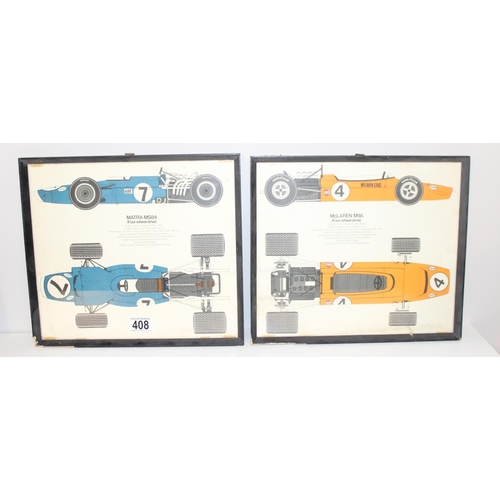 408 - A set of 5 vintage Formula 1 prints of race car blueprints to incl Ferrari, Lotus, McClaren etc, eac... 