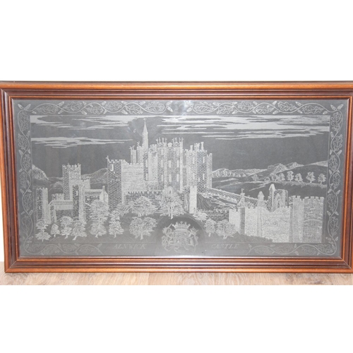 414 - Large etched glass panel of Alnwick Castle in wooden frame, signed Gordon 1988, approx 90 x 47cm