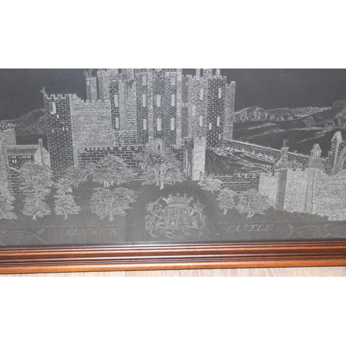 414 - Large etched glass panel of Alnwick Castle in wooden frame, signed Gordon 1988, approx 90 x 47cm