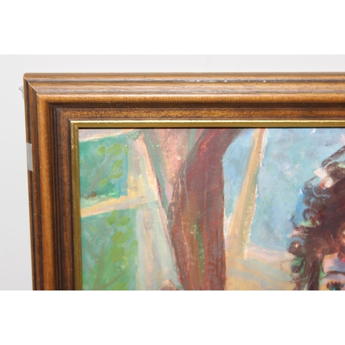 415 - Vintage oil on board portrait of a pensive female, seemingly unsigned, approx 56 x 45cm