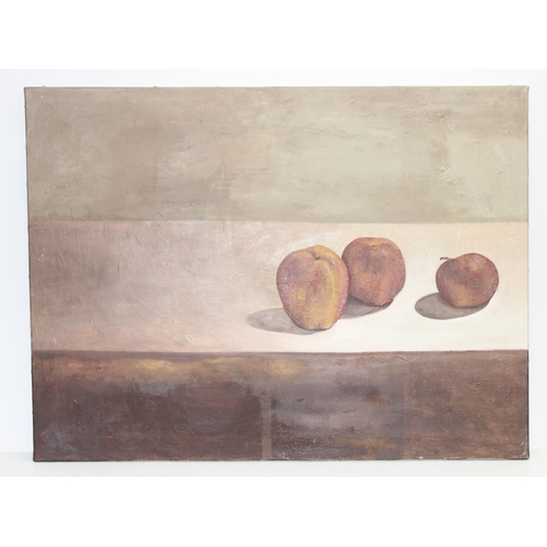 428 - Mid Century still life oil on canvas of apples, seemingly unsigned, approx 102cm x 76cm