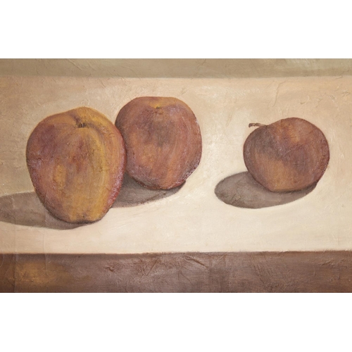 428 - Mid Century still life oil on canvas of apples, seemingly unsigned, approx 102cm x 76cm