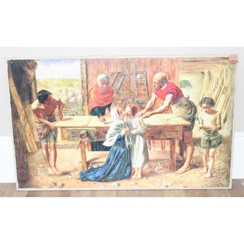 441 - A huge textured canvas print in the Pre-Raphaelite manner, unframed but by Windsor & Newton, a displ... 