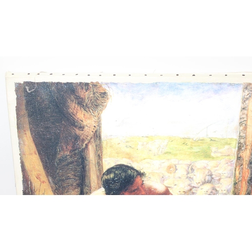 441 - A huge textured canvas print in the Pre-Raphaelite manner, unframed but by Windsor & Newton, a displ... 