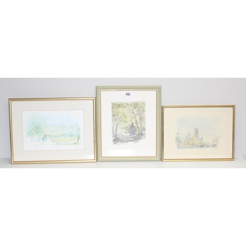 442 - 2 Hugh Casson landscape prints and a watercolour after the same artist of Holland Park, largest appr... 