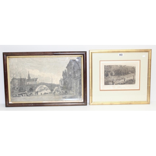 443 - Mixed lot of to antique and later prints and pictures to incl an etching of a Yorkshire riverside pu... 