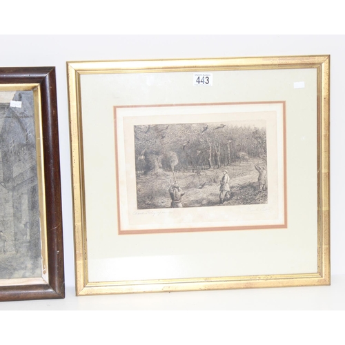 443 - Mixed lot of to antique and later prints and pictures to incl an etching of a Yorkshire riverside pu... 