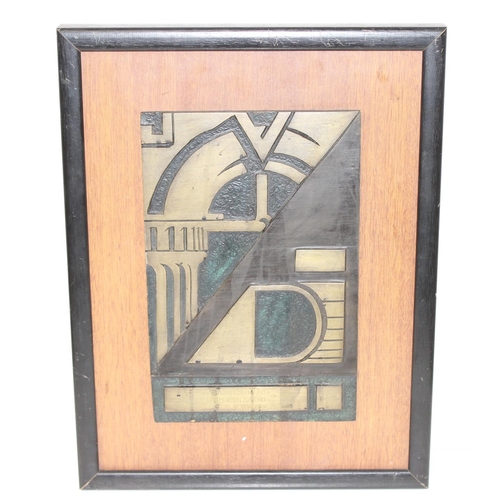 448 - An unusual framed abstract bronze plaque, the plaque titled 