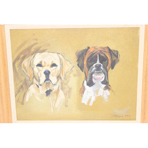 450 - Prue Angus (XX-XXI, Scottish), oil on canvas of a Labrador and Boxer dog, signed lower right and dat... 