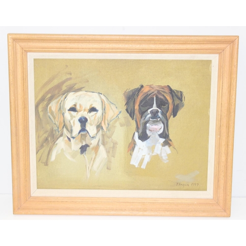 450 - Prue Angus (XX-XXI, Scottish), oil on canvas of a Labrador and Boxer dog, signed lower right and dat... 