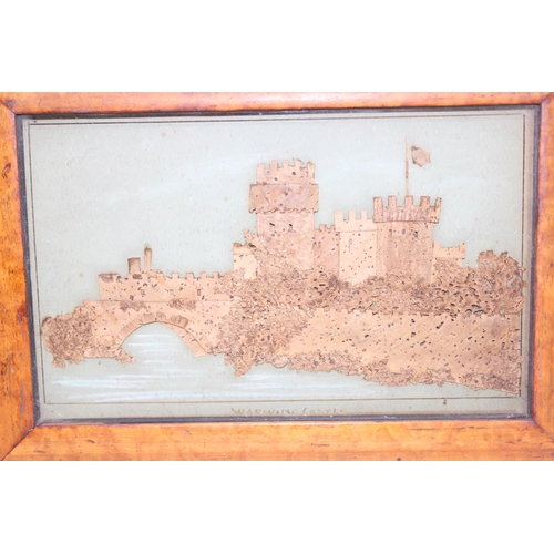 455 - Antique 3D cork folk art picture of Warwick Castle in glazed frame, approx 31 x 23cm