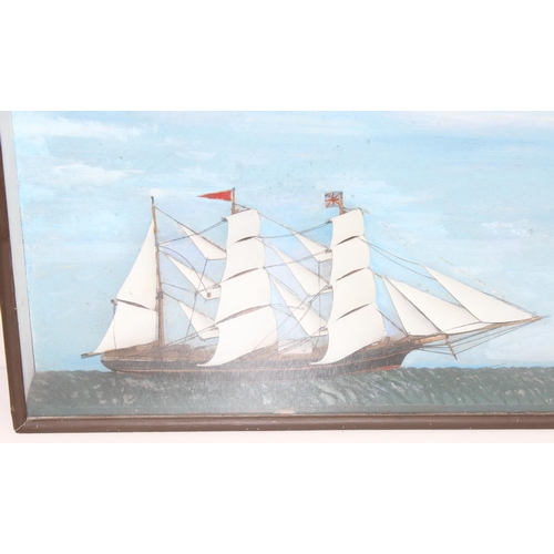 457 - Vintage 3D painting/model or diorama of a sailing boat in glazed box/frame, with annotations verso '... 