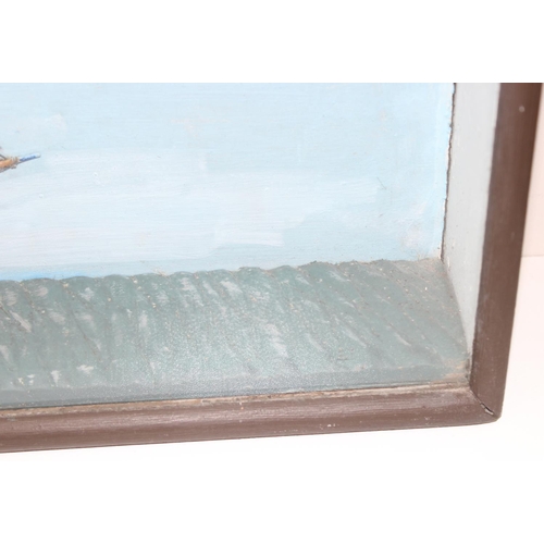 457 - Vintage 3D painting/model or diorama of a sailing boat in glazed box/frame, with annotations verso '... 