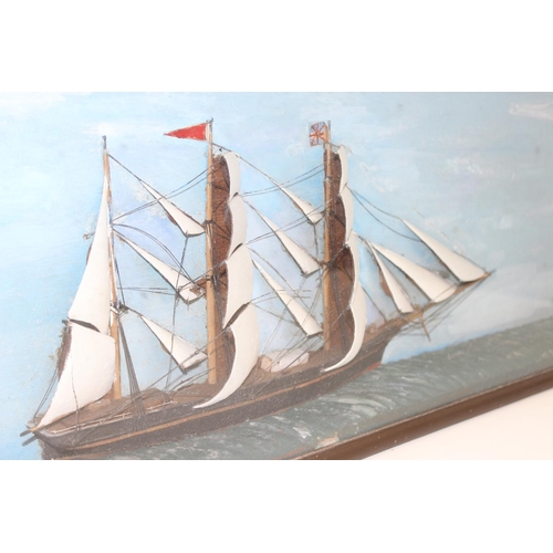 457 - Vintage 3D painting/model or diorama of a sailing boat in glazed box/frame, with annotations verso '... 