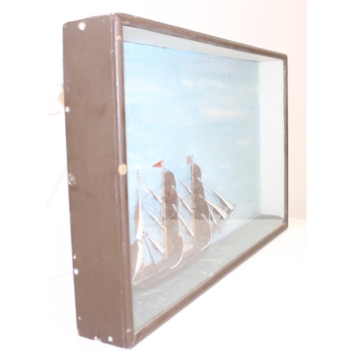 457 - Vintage 3D painting/model or diorama of a sailing boat in glazed box/frame, with annotations verso '... 