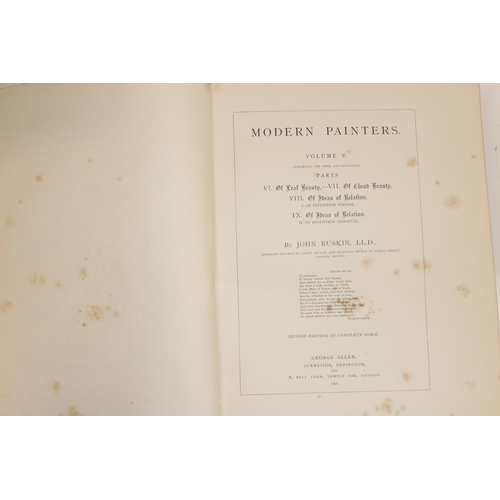 503 - John Ruskin, 5 Volumes of modern painters and Index book printed by Ballantyne, Hanson and Co with h... 