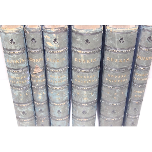 503 - John Ruskin, 5 Volumes of modern painters and Index book printed by Ballantyne, Hanson and Co with h... 