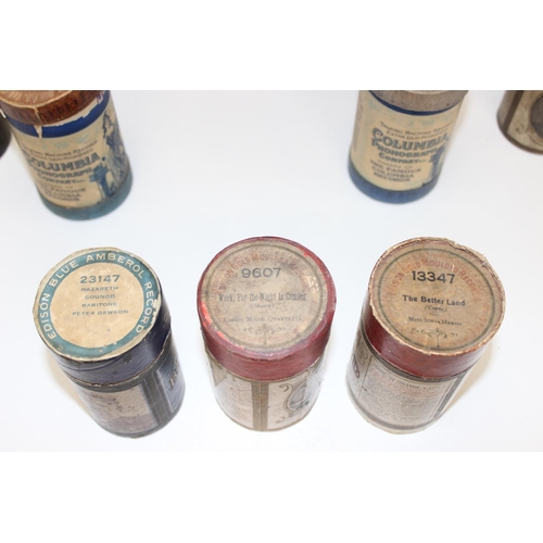 710 - 12 phonograph wax cylinder canisters, some with contents to include some by Edison Records and Sterl... 