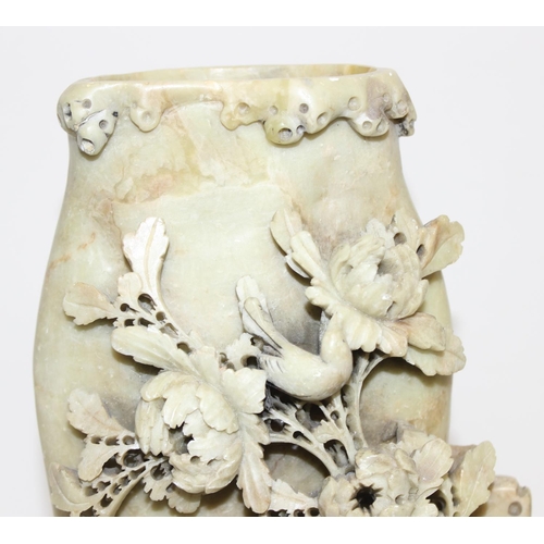 1560 - A large Chinese carved soapstone brush pot with floral carved details, approx 24cm tall