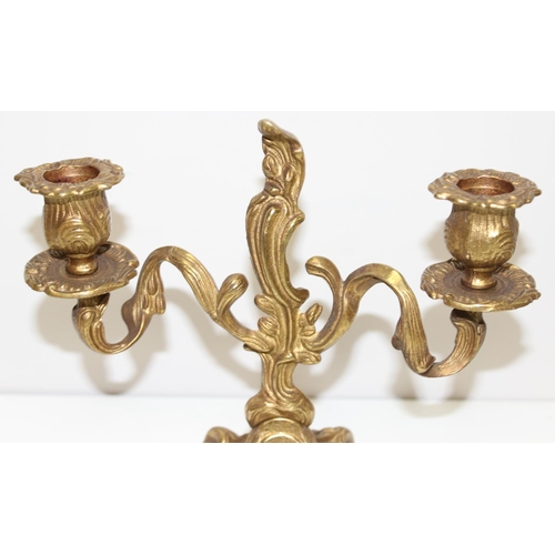 1564 - A pair of antique style gilt brass 2 branch candelabras, each approx 20cm tall