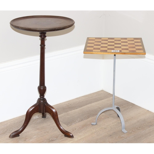 167 - A small mahogany wine table and a chess board topped table with metal base, the wine table approx 33... 