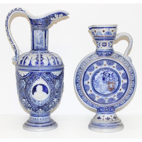 1728 - 2 vintage German Westerwald pottery or stoneware ewers of classic blue & grey form, the largest appr... 