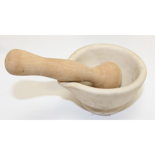 1746 - 4 pottery pestle and mortars, 3 with wooden handles