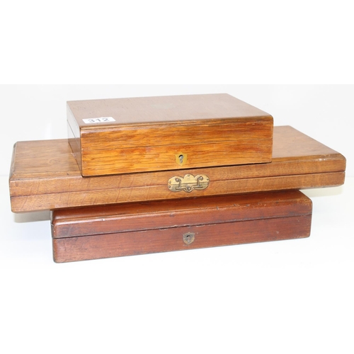 312 - 3 antique empty wooden cutlery boxes, the largest approx 36cm wide