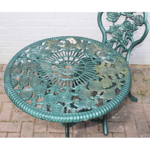 350 - Antique style green painted aluminium table and chair, approx 70cm x 70cm