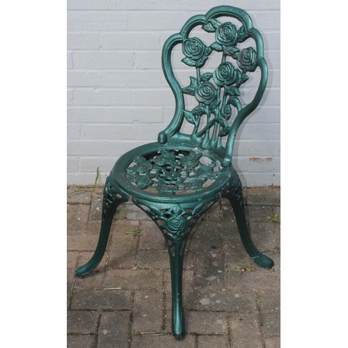 350 - Antique style green painted aluminium table and chair, approx 70cm x 70cm