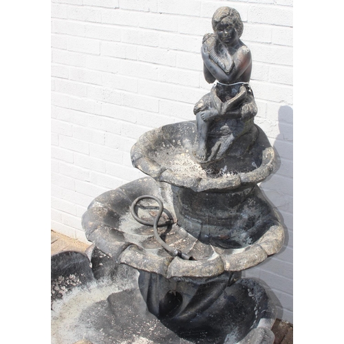 353 - Large 3 tiered scalloped concrete garden water feature by Henri Studio approx 140cm tall