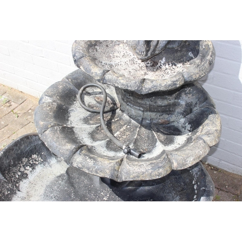 353 - Large 3 tiered scalloped concrete garden water feature by Henri Studio approx 140cm tall