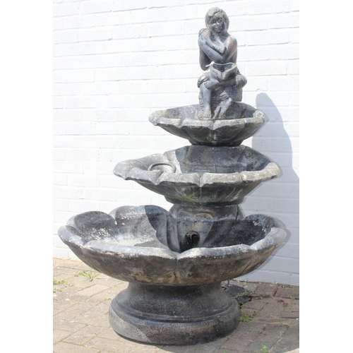 353 - Large 3 tiered scalloped concrete garden water feature by Henri Studio approx 140cm tall