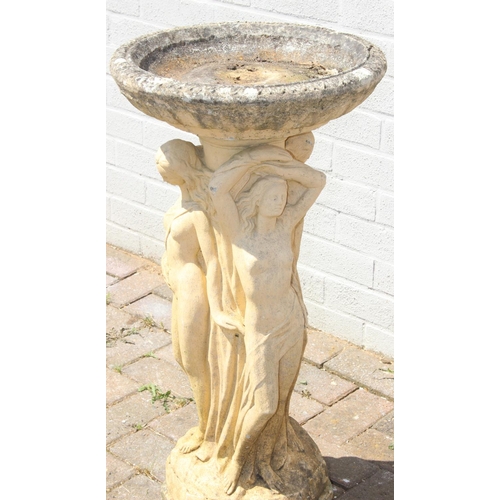 356 - Garden bird bath with semi-nude female design, approx 77cm tall